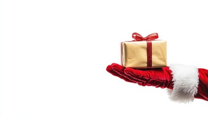 Hand of santa claus holding red christmas gift on red background,Santa Claus gloved hand with giftbox in Christmas day,Black Friday, Sales,Giving Gift concept,copy space.