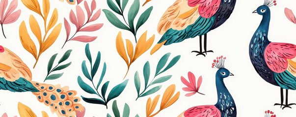 Vibrant Watercolor Chinese Peacock Pattern with Intricate Feathers - Stunning Tile Art Design