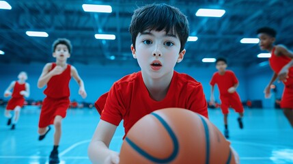 Youth basketball team practicing defensive drills in a brightly lit gym sharp focus ultra HD clean layout