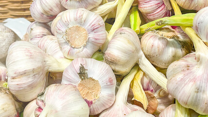 A bunch of garlic bulbs are piled on top of each other. The bulbs are white and pink, and they are all different sizes. Concept of abundance and variety, as there are many garlic bulbs in the pile