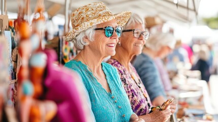 Seniors attending a local art fair, browsing stalls with handmade crafts