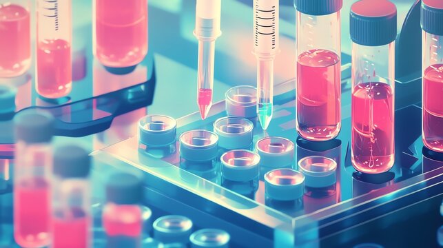 Oversized ELISA, cute style, antibody and microarray tech, flat illustration