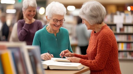Seniors attending a local book signing event, chatting with the author