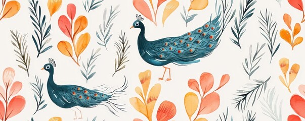 Obraz premium Vibrant Watercolor Chinese Peacock Pattern with Intricate Feathers - Stunning Tile Art Design