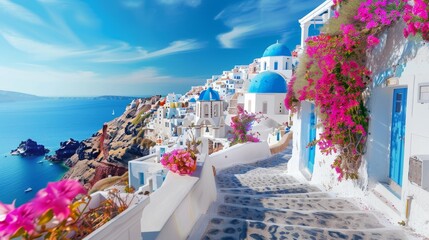 Fototapeta premium Charming white cycladic houses with blue accents surrounded by bougainvillea on a greek island