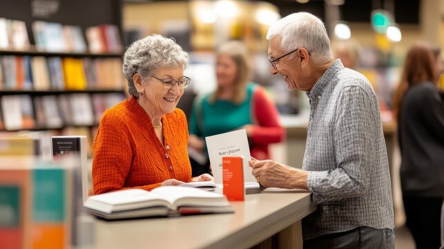 Seniors attending a local book signing event, chatting with the author