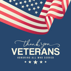 Veterans day social media post, background design with thank you Veterans text, USA flag waving on blue vintage vector graphics for banner, cards,  sale, saying, wishes, message, quotes, flyer, USA