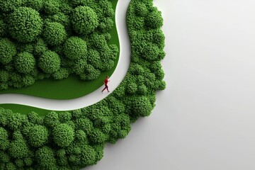 Minimalist illustration of a park with a single figure jogging along a curved path, surrounded by abstract trees, capturing the simplicity and peace of nature in motion