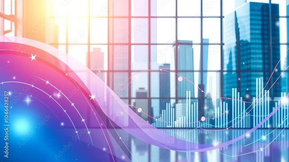 Poster futuristic cityscape with abstract data waves and skyscrapers in the background