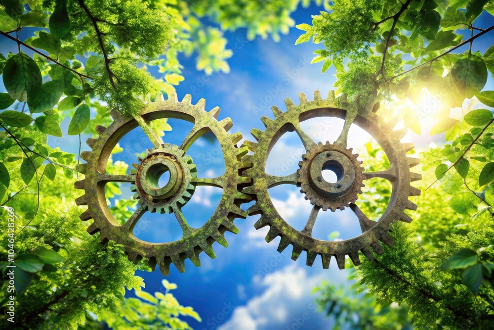 Aufkleber interlocking gears in double exposure: a fusion of mechanics and nature for dynamic visual impact