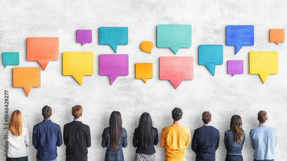 Poster a group of people standing in front of colorful speech bubbles on a wall, symbolizing communication 