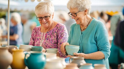 Seniors attending a pottery fair, purchasing handmade ceramics