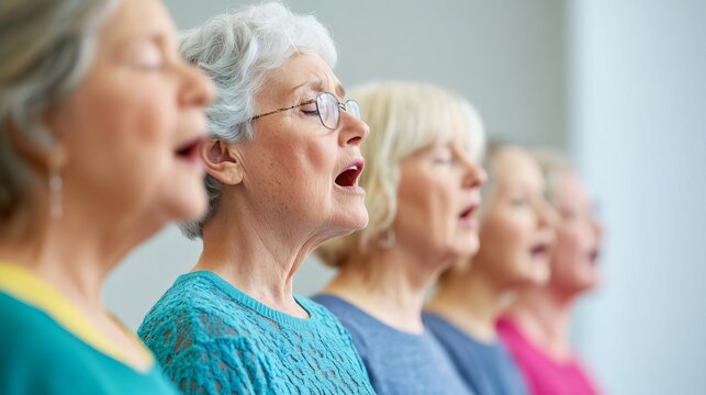 Seniors attending a singing workshop, harmonizing with a local choir