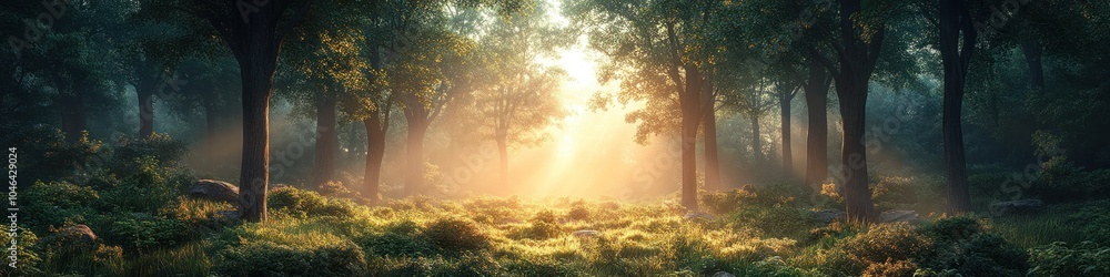 Poster serene forest scene with sunlight filtering through trees.