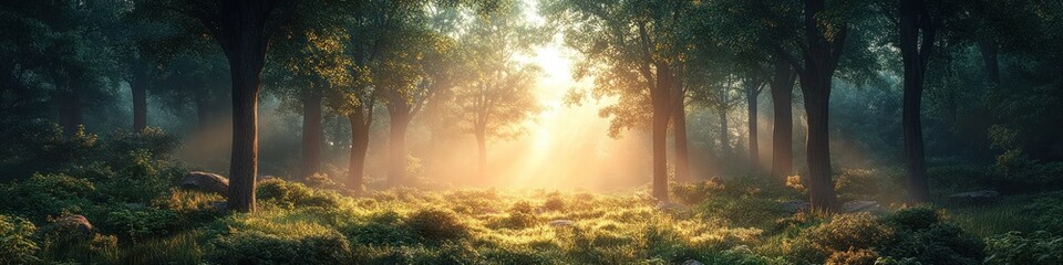Serene forest scene with sunlight filtering through trees.