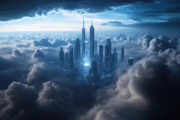 Fototapeta premium A city built in the clouds with towering skyscrapers made of shimmering glass and steel, reaching for the sky.