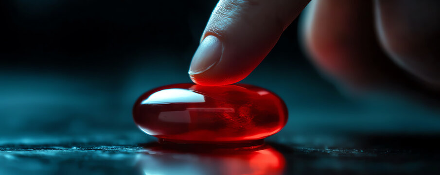 A close-up of a person s finger hovering over a glossy red button - Powered by Adobe