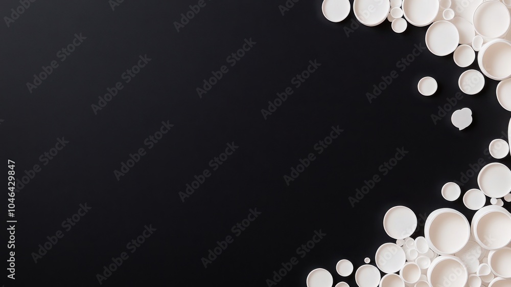 Poster a dark background with scattered white circles, creating a minimalist and elegant design for various