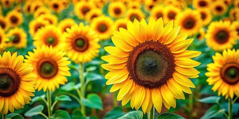 Obraz premium Vibrant and colorful sunflower field pattern with bold yellow petals and dark green centers, pattern, sunflowers, green