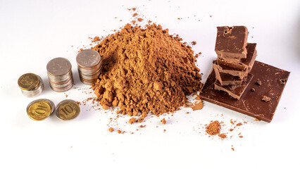 A pile of coins and chocolate on a white background. The coins are of different sizes and colors, and the chocolate is piled on top of them. Concept of indulgence and luxury, as the coins