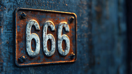 A cinematic close-up of an antique number plate displaying "666" set against a dark