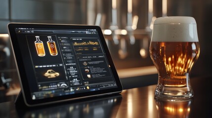 A beer glass next to a tablet displaying drink information in a bar setting, showcasing modern beverage technology and design.