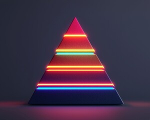 Fototapeta premium Colorful neon pyramid design with glowing stripes on a dark background.