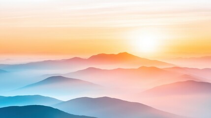 Fototapeta premium A serene landscape showcasing layered mountains at sunrise, bathed in soft hues of orange, blue, and pink, creating a tranquil atmosphere.