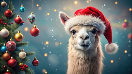Fototapeta premium Merry Llama Christmas Card Design with Joyful Alpaca in Santa Hat for Festive Holiday Greetings