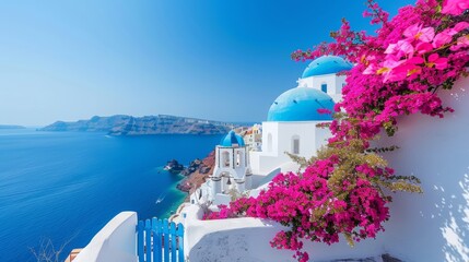 Obraz premium Charming white cycladic homes with blue accents surrounded by bougainvillea on a serene greek island