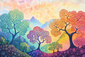 Visualize a symbolism painting that merges the intricate beauty of Mandelbrot rainbows fractalization with the gentle application of gouache paint
