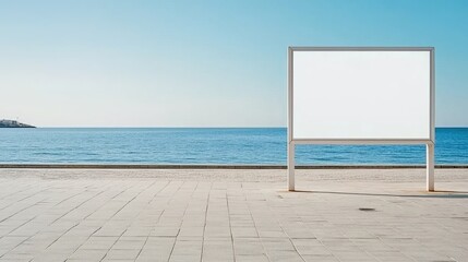 Obraz premium A blank billboard stands on a sandy beach, overlooking a calm sea under a clear blue sky.