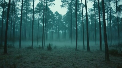 Obraz premium A misty pine forest with a carpet of fallen needles, the fog giving the landscape a quiet, peaceful feeling.