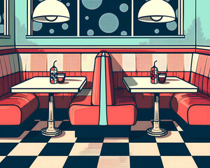 A retro diner booth with pop art elements