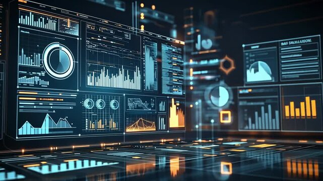 A futuristic digital dashboard displaying various data visualizations, including graphs, charts, and metrics