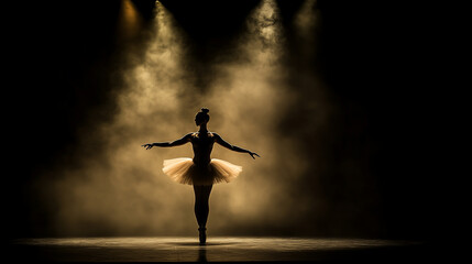 A silhouette of a ballerina in a classical ballet costume on stage, illuminated by dramatic yellow lighting