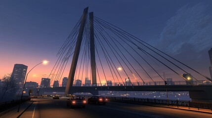 Obraz premium A modern city bridge at nightfall, with cars driving by and the skyline glowing in the dusk.