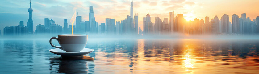 Fototapeta premium serene morning view featuring steaming cup of coffee on saucer, set against stunning city skyline at sunrise. reflection on water adds to tranquil atmosphere