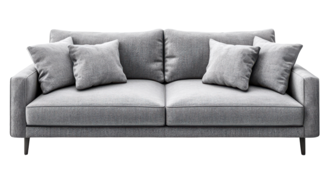 Comfortable gray sofa with plush cushions designed for modern living spaces and perfect for relaxing at home or entertaining guests.