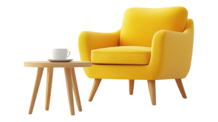 Bright yellow armchair and wooden side table with a cup situated in a cozy living room setting designed for relaxation.