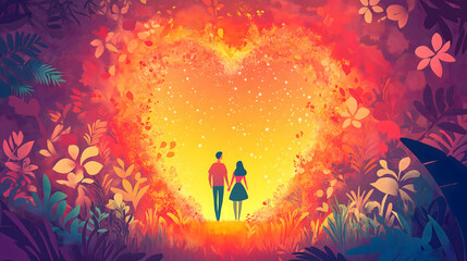 Illustration of a couple standing, holding hands, surrounded by heart shapes and a vibrant, colorful forest, with a heart-shaped opening emitting a warm, glowing light.
