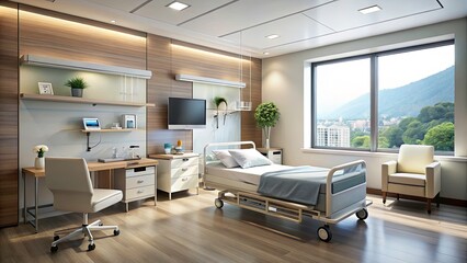 Modern Hospital Room with Vital Signs Monitor and Remote Patient Monitoring Devices for Enhanced Healthcare