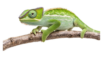 Green chameleon climbing on a branch in a natural habitat during daylight in a vibrant ecosystem.