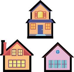 Three house icons with black outlines. Two brown houses, one pink house. Vector illustration