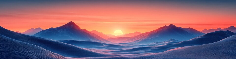 Serene sunset over snow-covered mountains in a tranquil landscape.