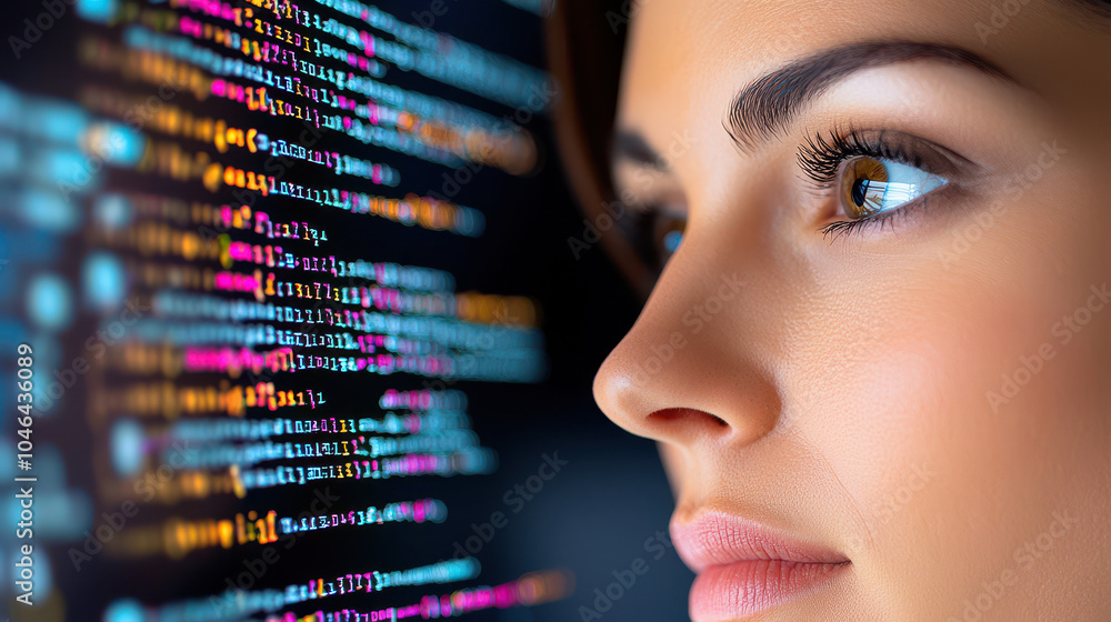 Poster close-up of a focused woman gazing at colorful code on a screen, representing technology and program