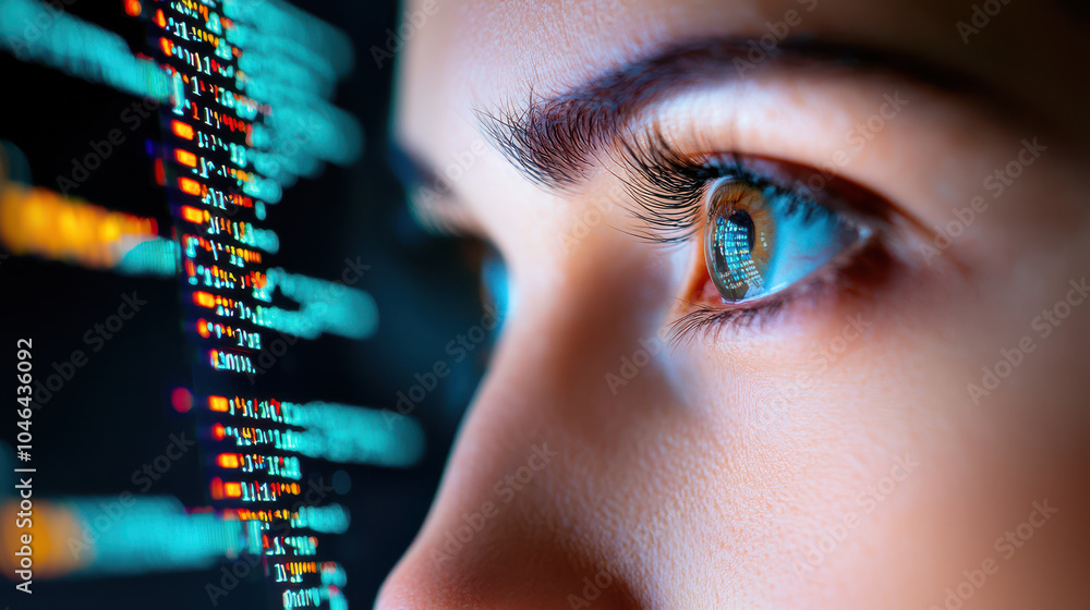 Poster close-up of a woman's eye focusing on colorful coding on a screen, depicting technology and concentr