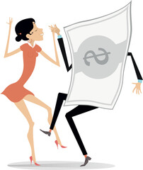 Success in business. Young woman and dollar dance together. 
Happy woman dancing with a paper dollar. Rich woman. Lottery. Business concept illustration
