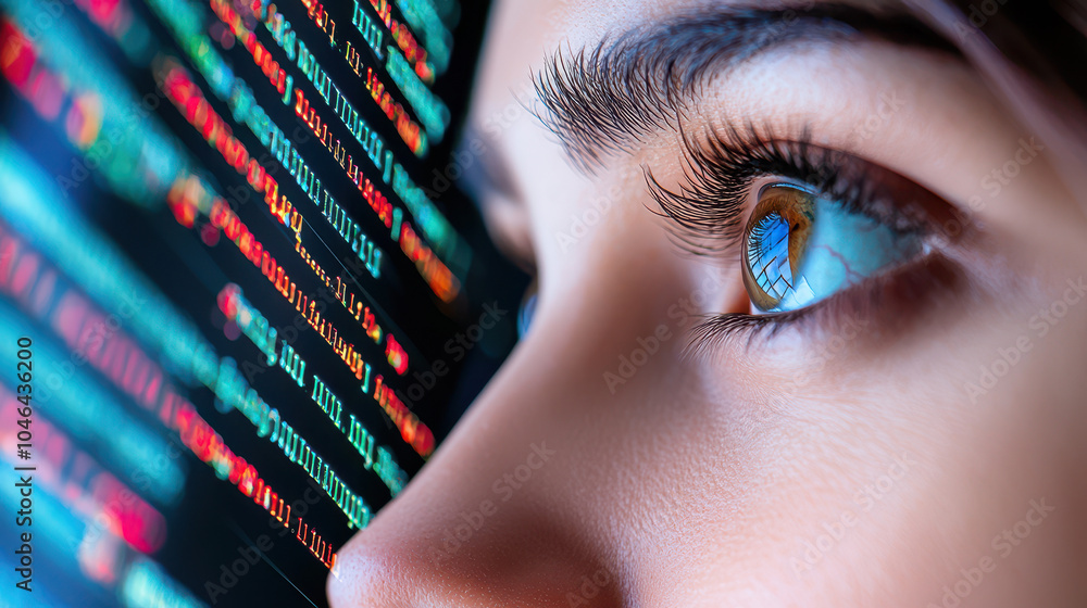 Poster close-up of a young woman's eye reflecting digital code on a screen, emphasizing technology and data