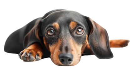 A dachshund lying calmly on a plain surface with attentive eyes in a well-lit indoor setting during daytime.